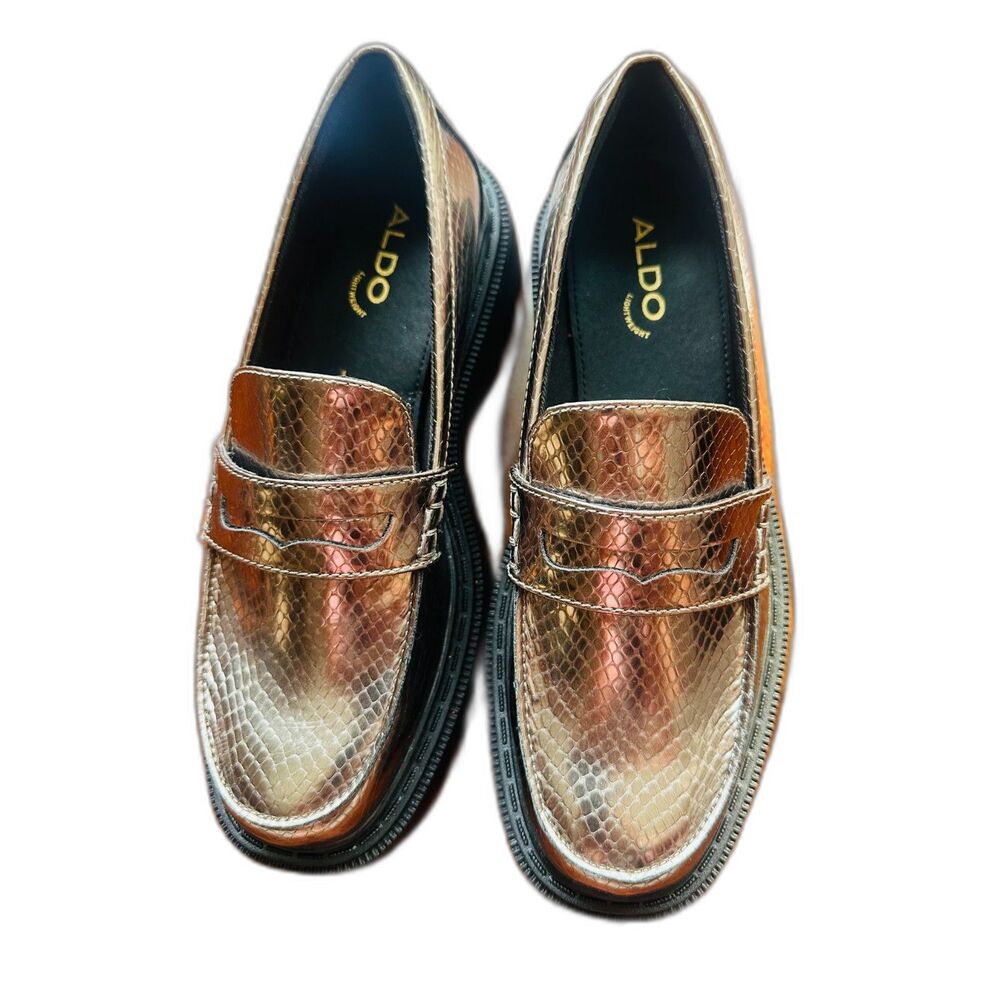 NEW Aldo Bigstrut Metallic Chunky Preppy Textured Snakeskin Pattern Loafers US7